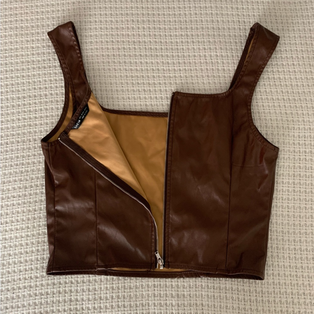 Faux Caramel Leather Zip up tank top.